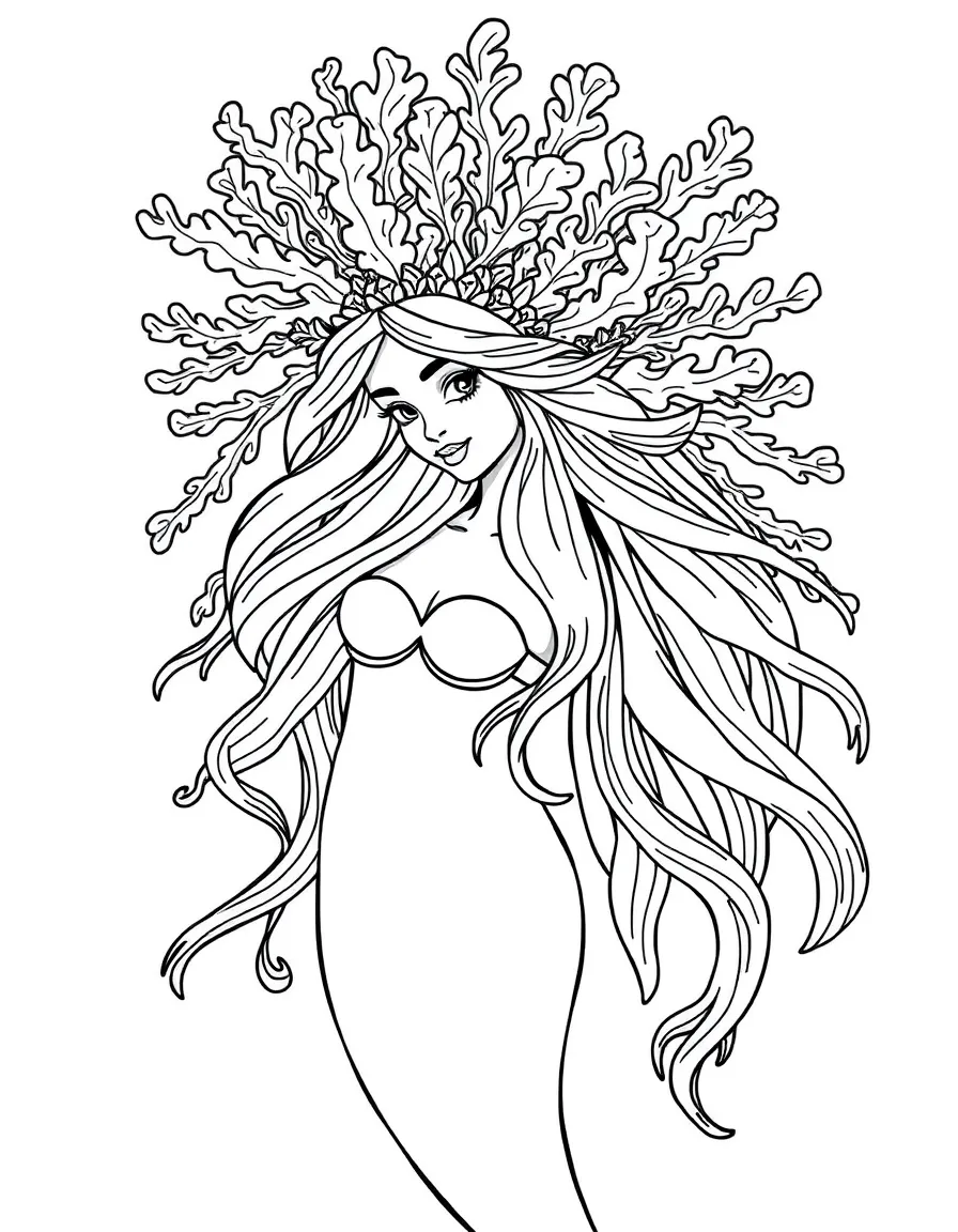 Mermaid wearing an elaborate headdress made of coral and flowing sea silk