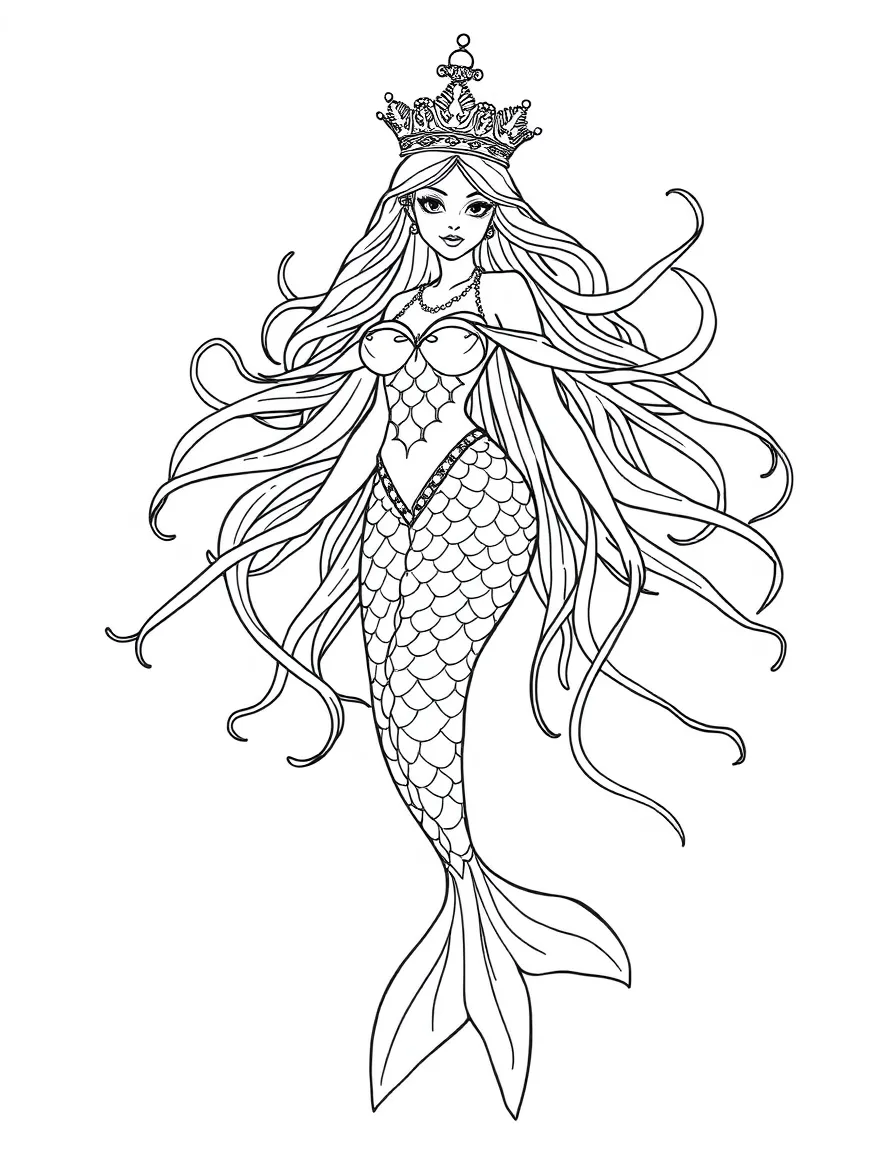 Royal mermaid with a cape of translucent jellyfish tendrils