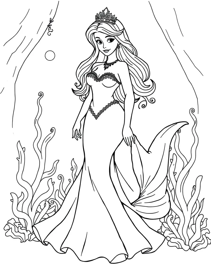Mermaid wearing a formal gown made from specially woven sea silk for a royal ball
