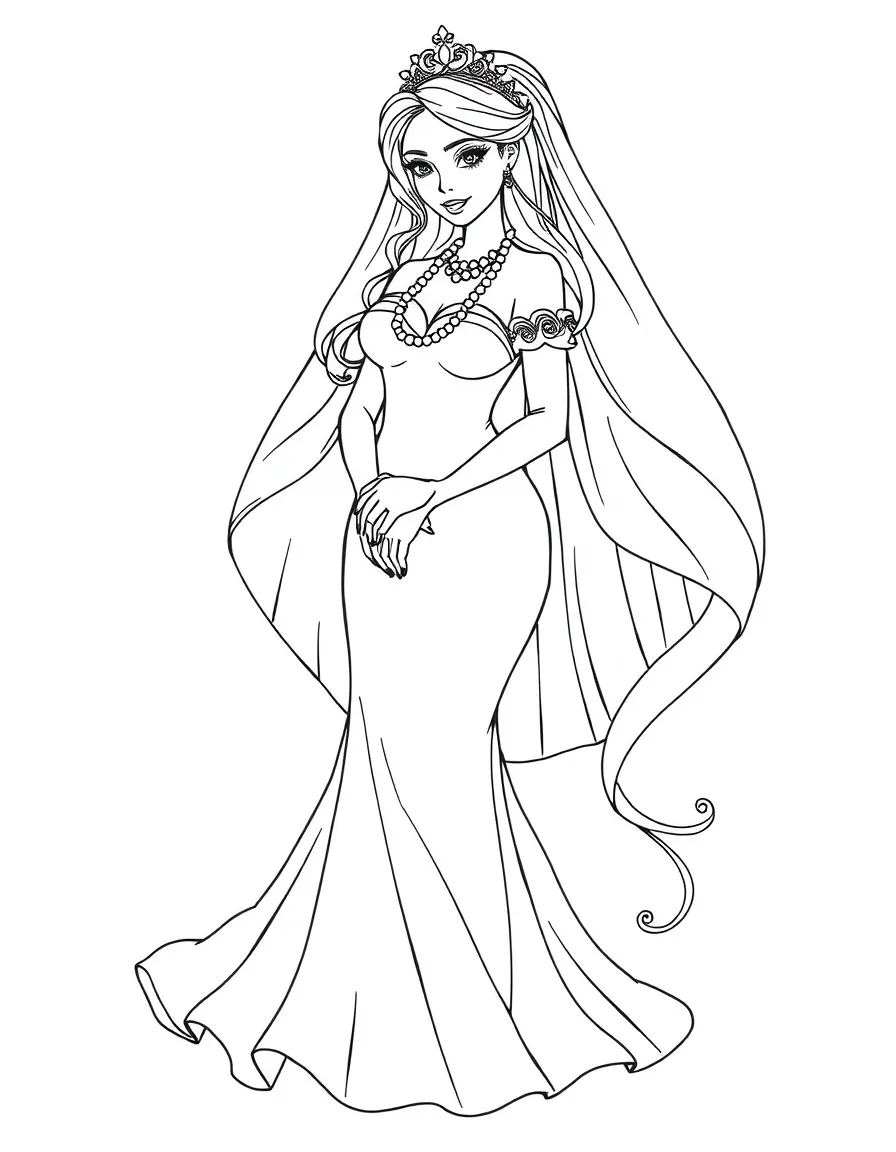 Mermaid bride in traditional wedding attire with pearls and flowing veil