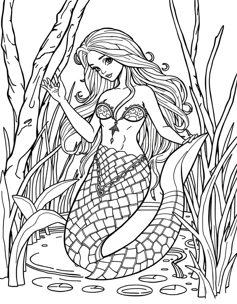 Swamp mermaid with camouflage abilities and protective scales