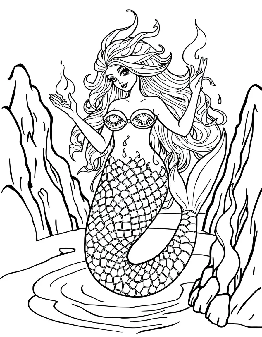 Volcanic hot spring mermaid with heat-resistant scales and fiery coloration