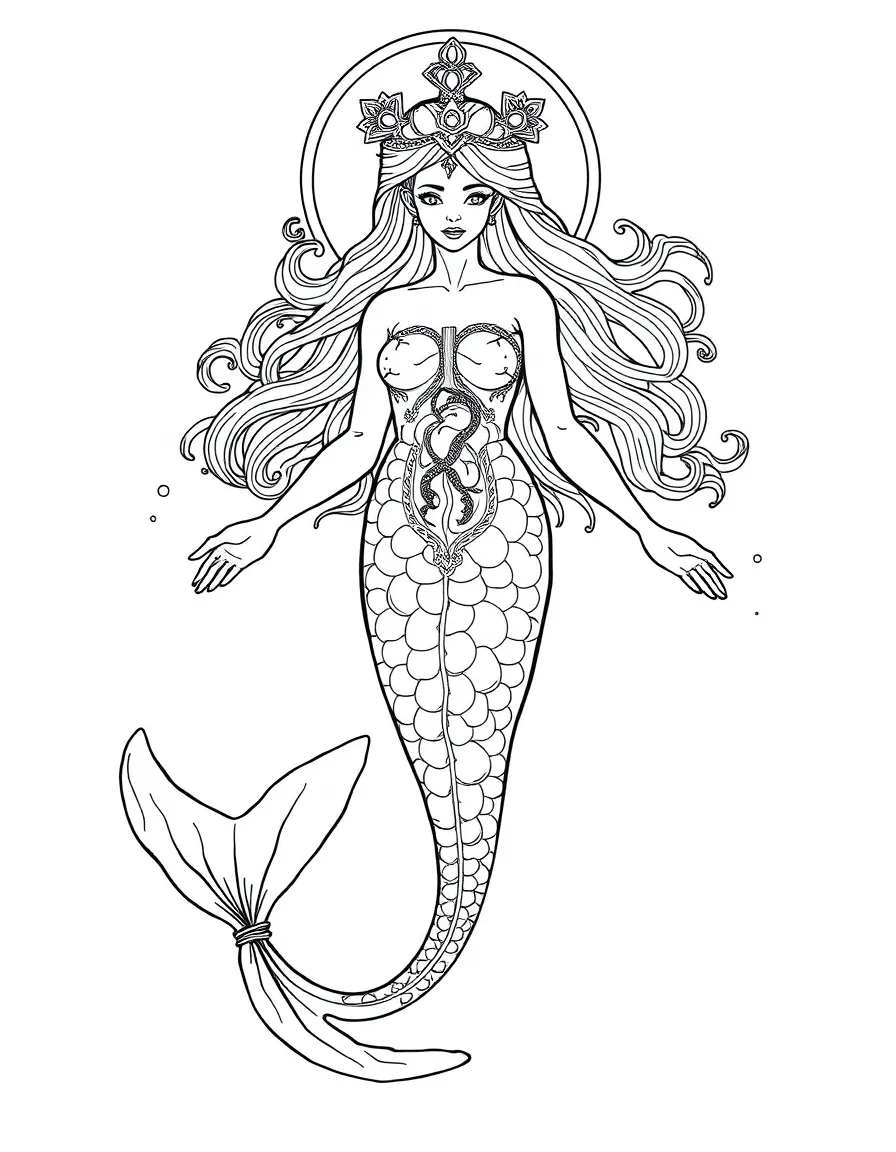 Oracle mermaid with translucent skin showing glowing internal organs