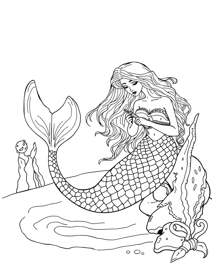 Mermaid storyteller using sand drawing to illustrate an ancient legend