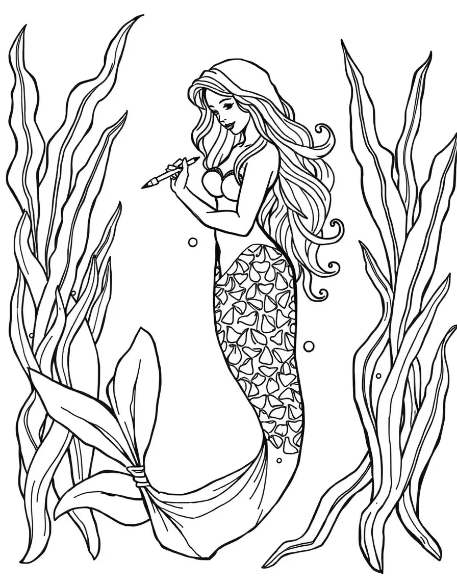 Mermaid calligrapher writing elegant script on preserved kelp scrolls