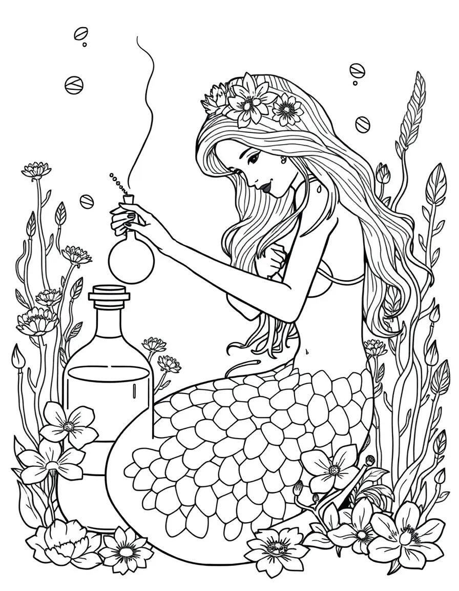 Mermaid perfumer distilling scents from rare underwater flowers