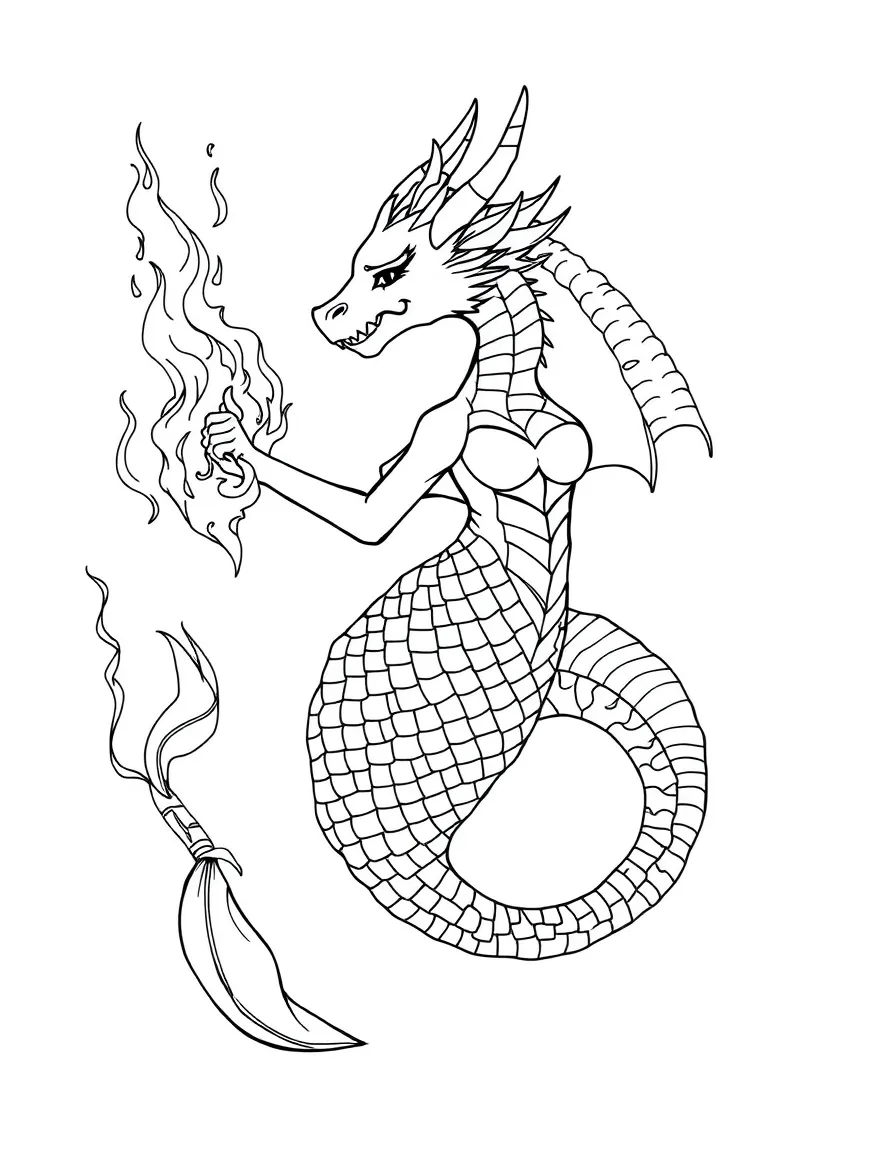 Dragon-mermaid hybrid with scaled tail and the ability to create underwater fire