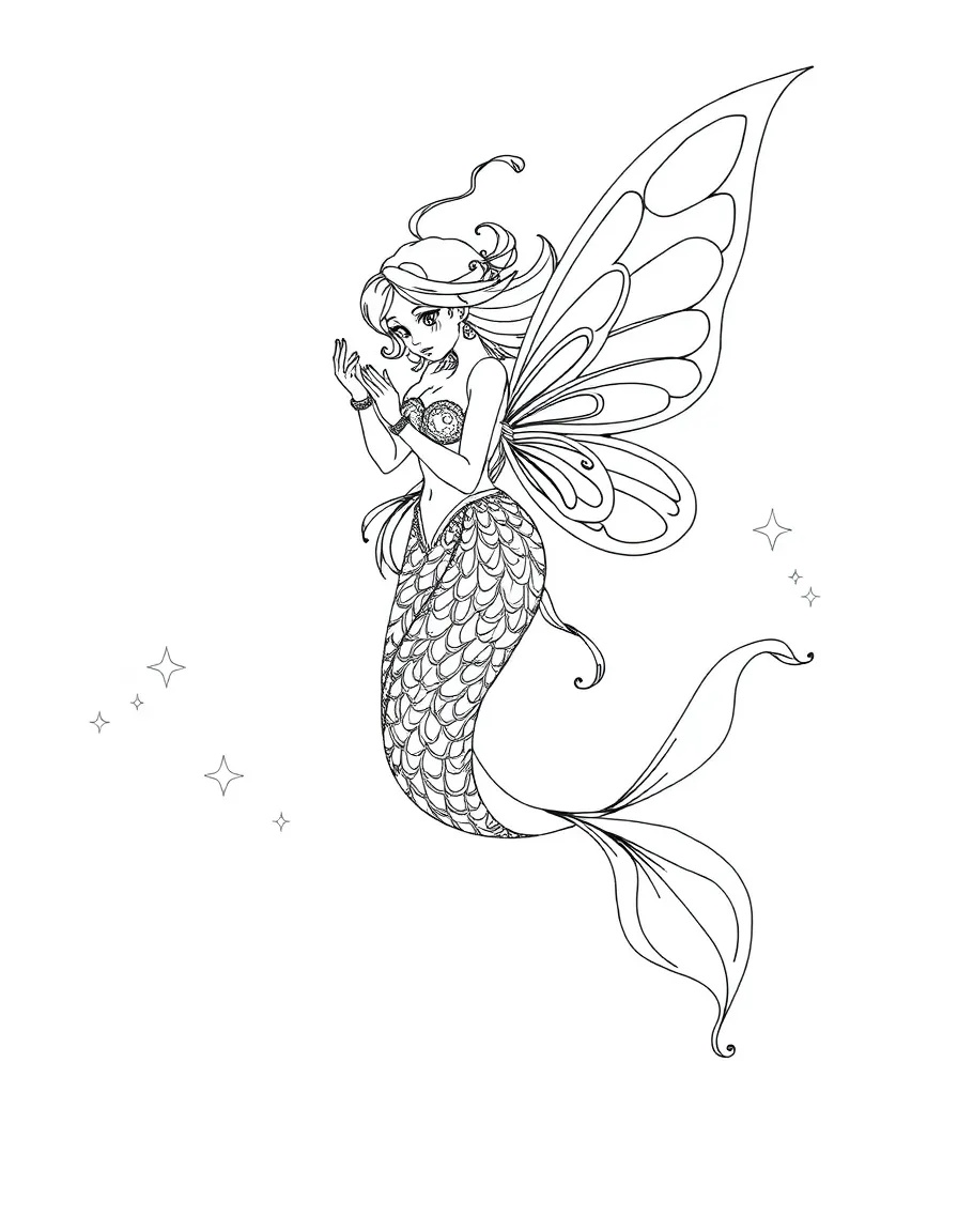 Fairy-mermaid with translucent butterfly-like fins and magical dust