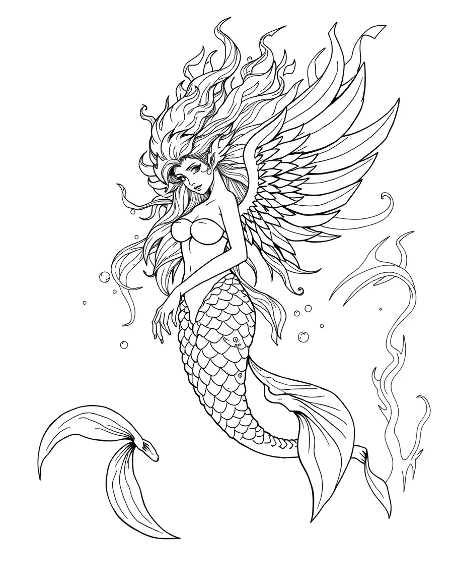 Mermaid-phoenix with fiery hair that burns even underwater