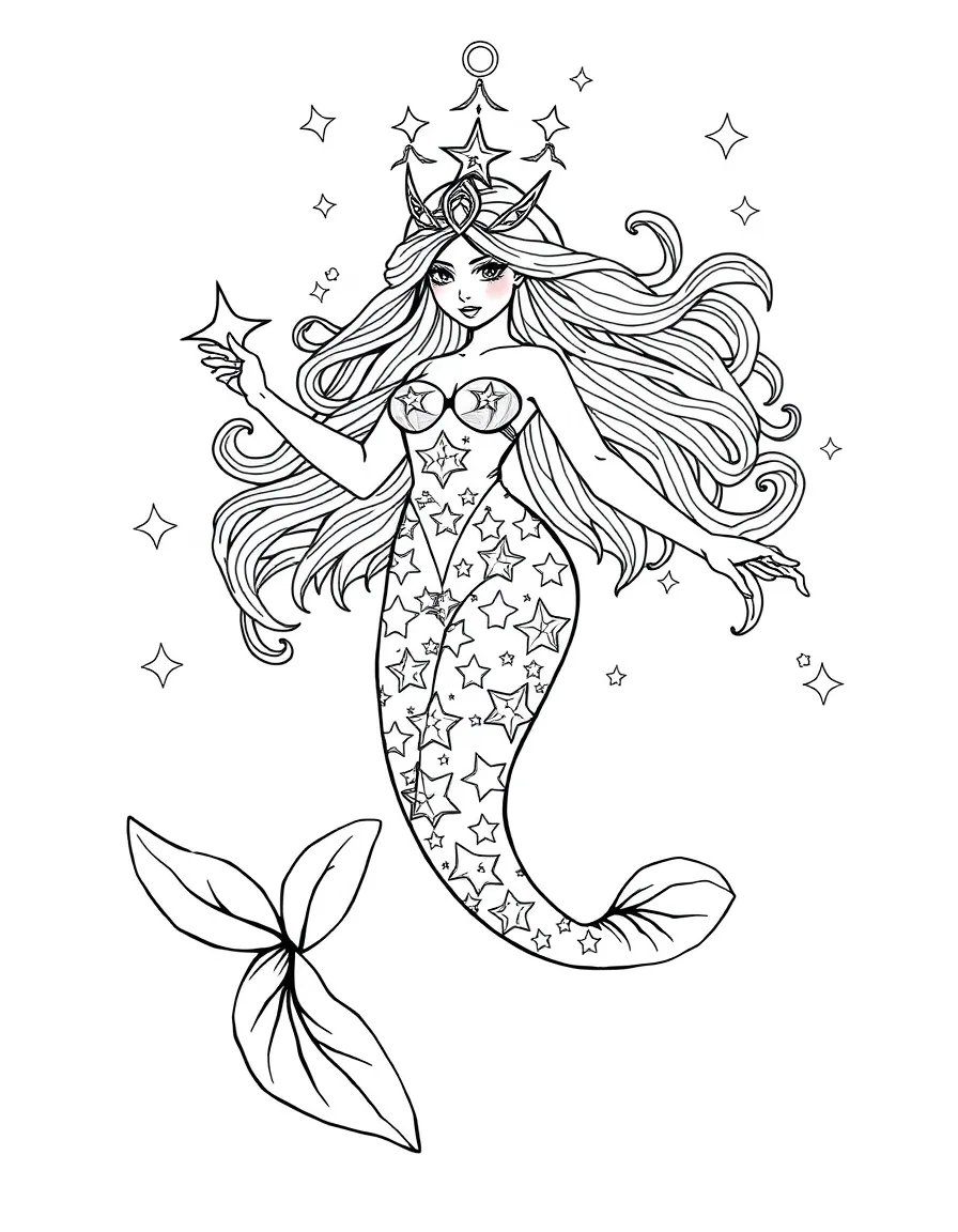 Celestial mermaid with star-patterned scales and cosmic energy powers