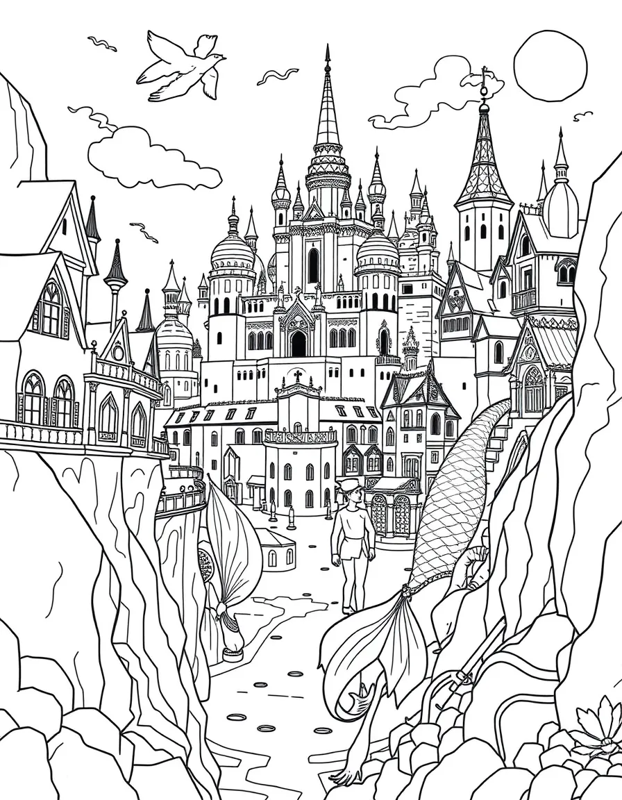 Mermaid city view showing different levels of society from palace to working class