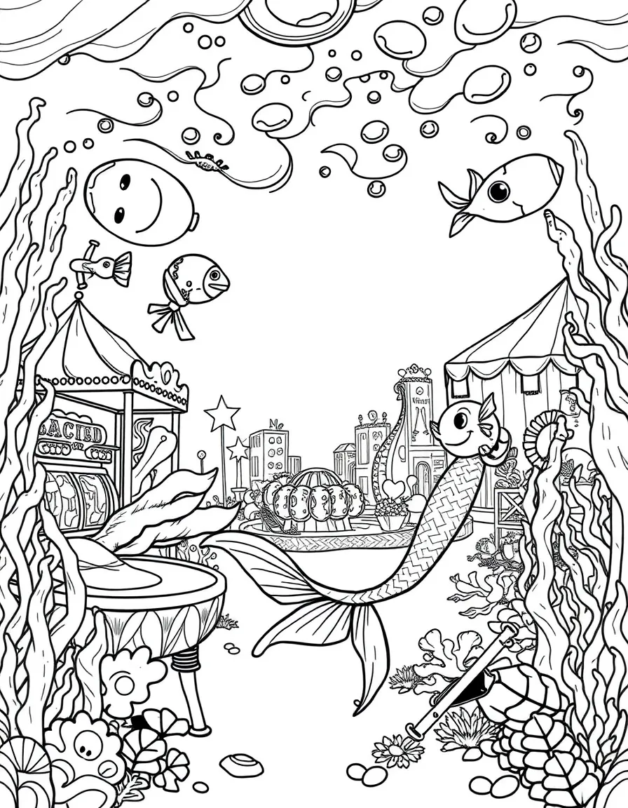 Underwater mermaid carnival with rides made from sea creatures and shell games