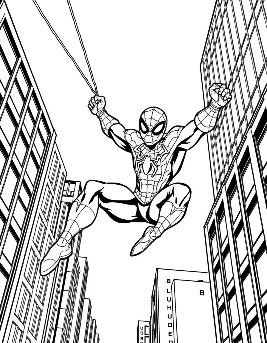 Spider-Man swinging between skyscrapers with his web