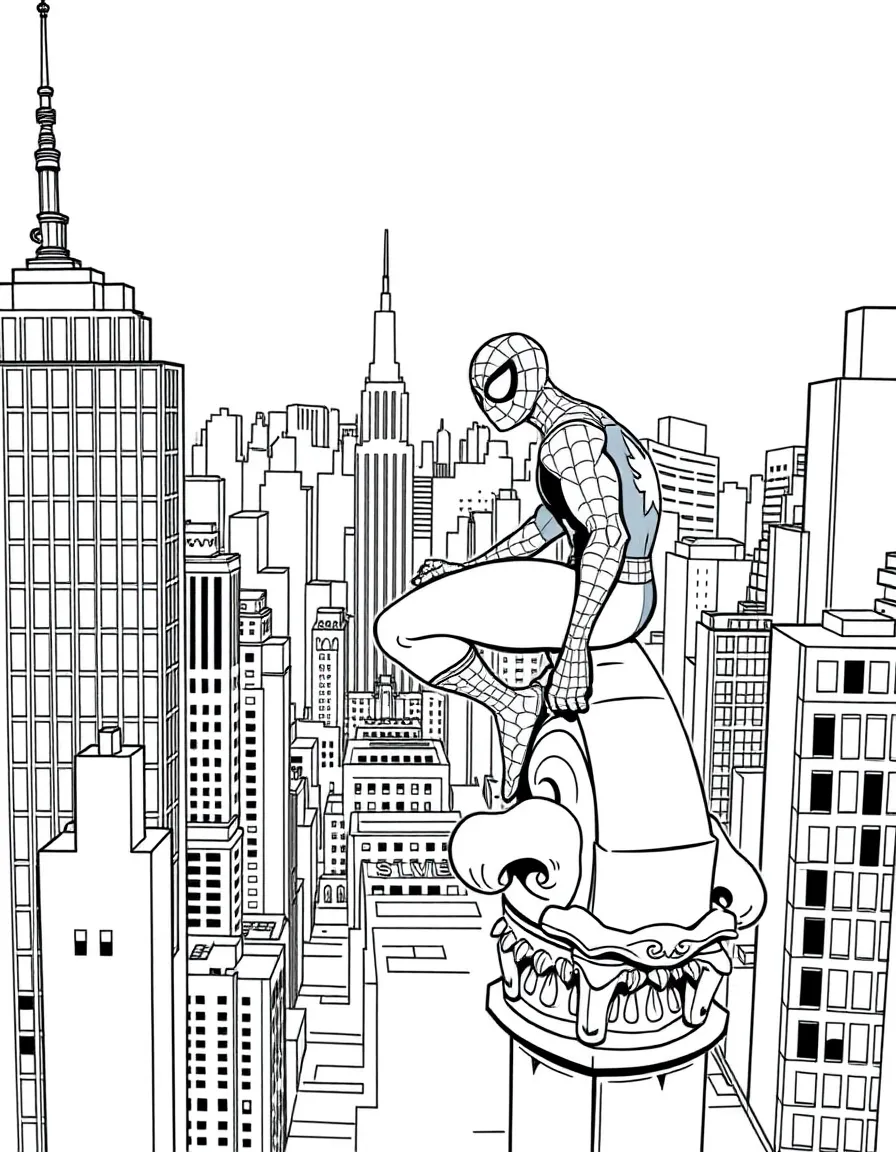 Spider-Man perched on a gargoyle overlooking New York City