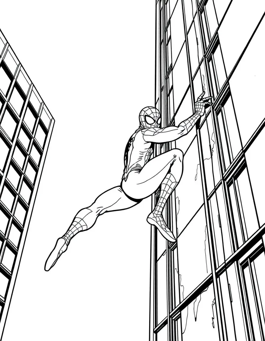 Spider-Man climbing up the side of a tall building