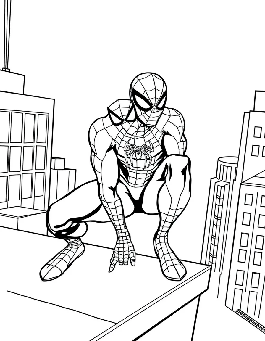 Spider-Man in his classic crouching pose on a rooftop