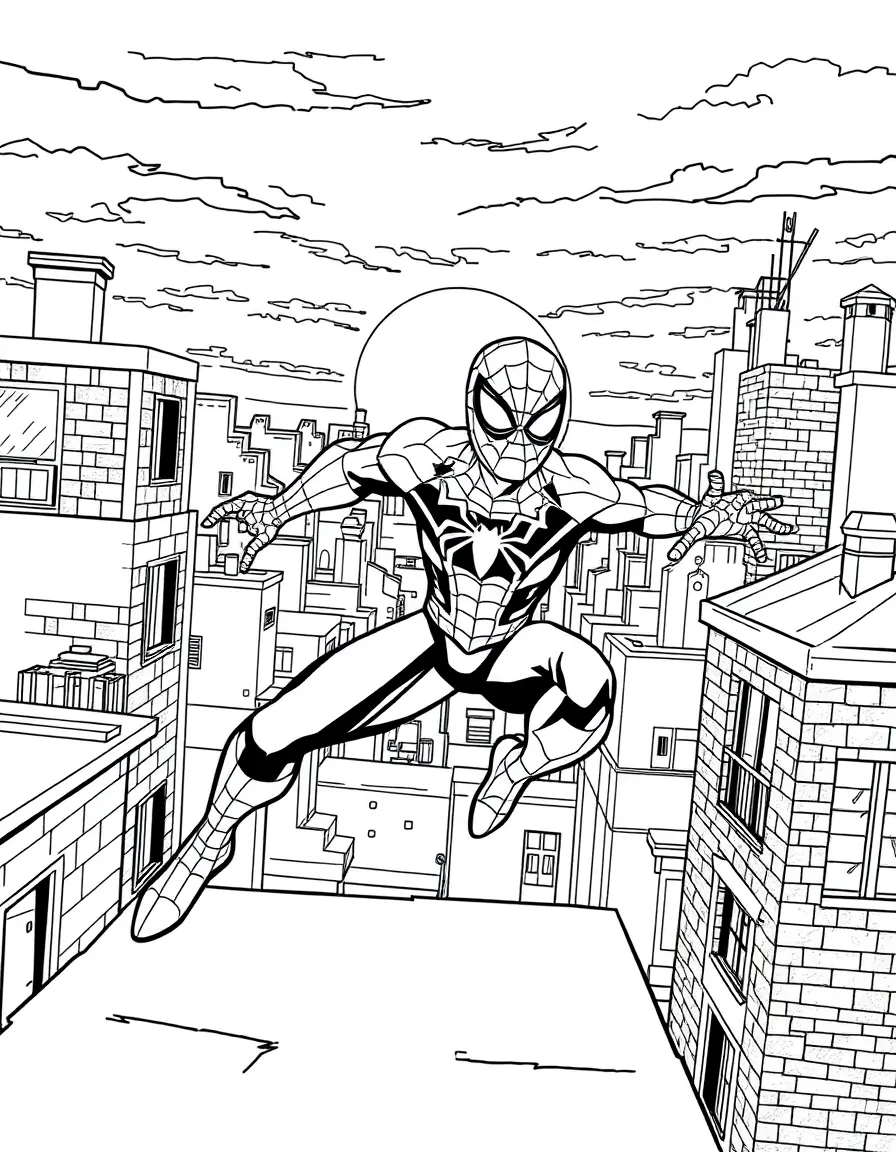 Spider-Man running across rooftops at sunset