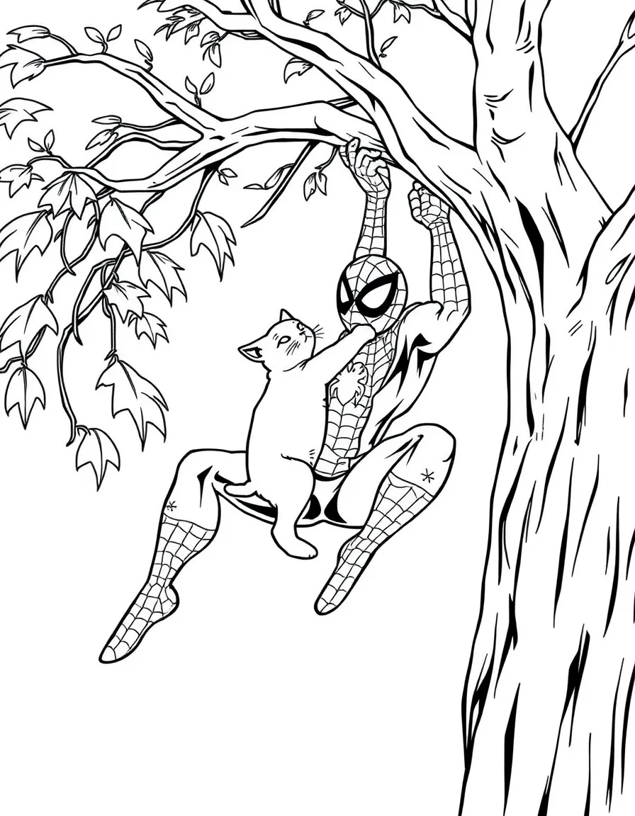 Spider-Man rescuing a cat from a tree
