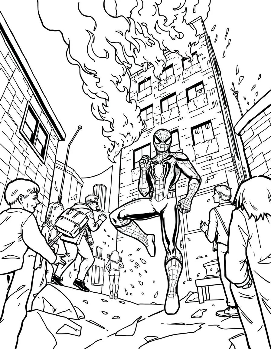 Spider-Man helping people evacuate a burning building