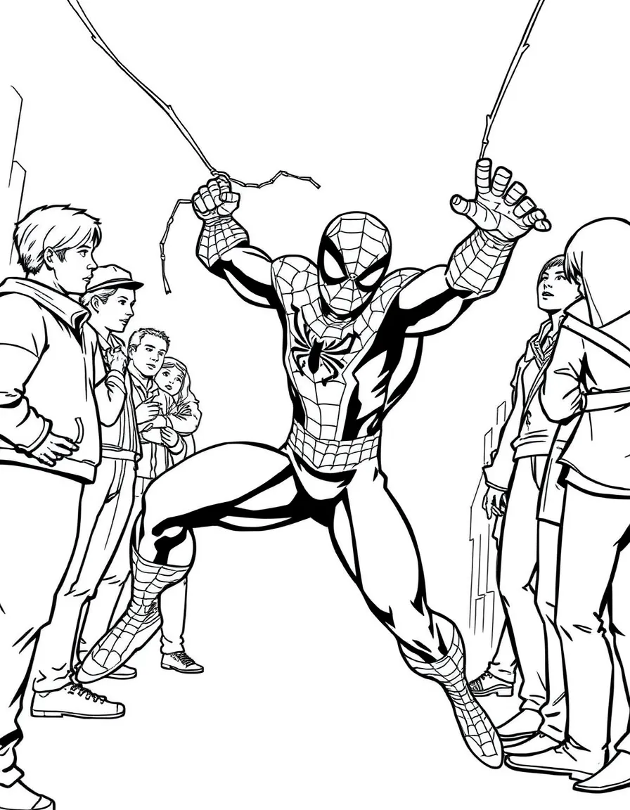 Spider-Man protecting civilians with a web shield