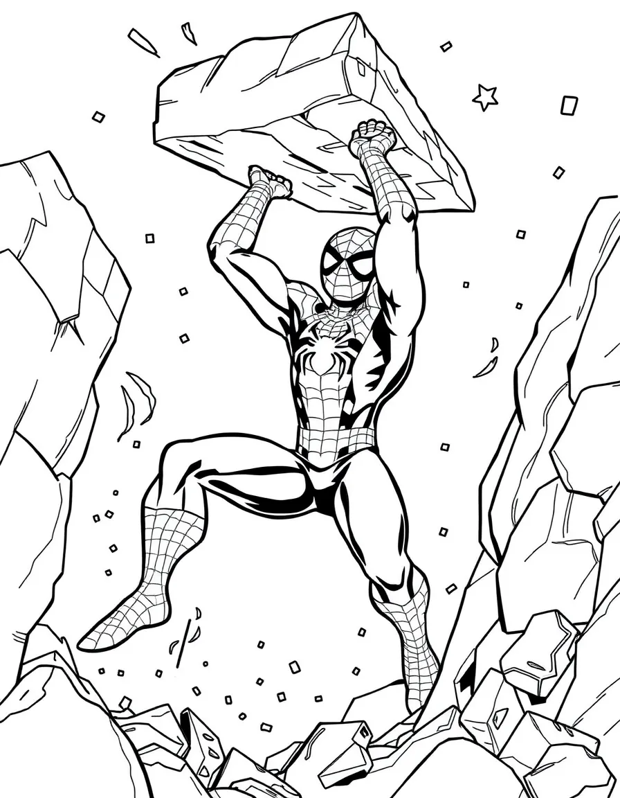 Spider-Man lifting a heavy piece of debris to save someone