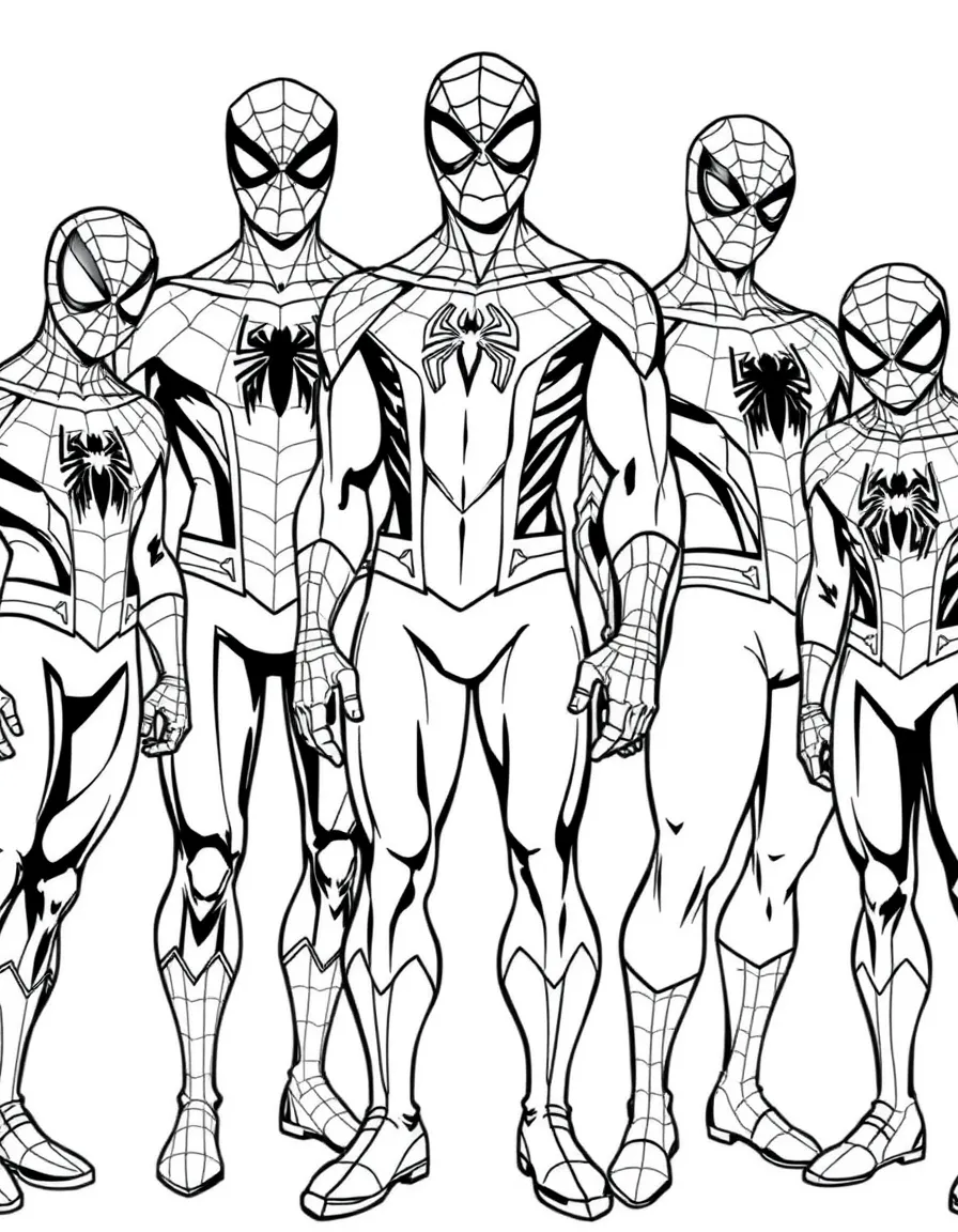 Multiple Spider-Man suits displayed together from different universes