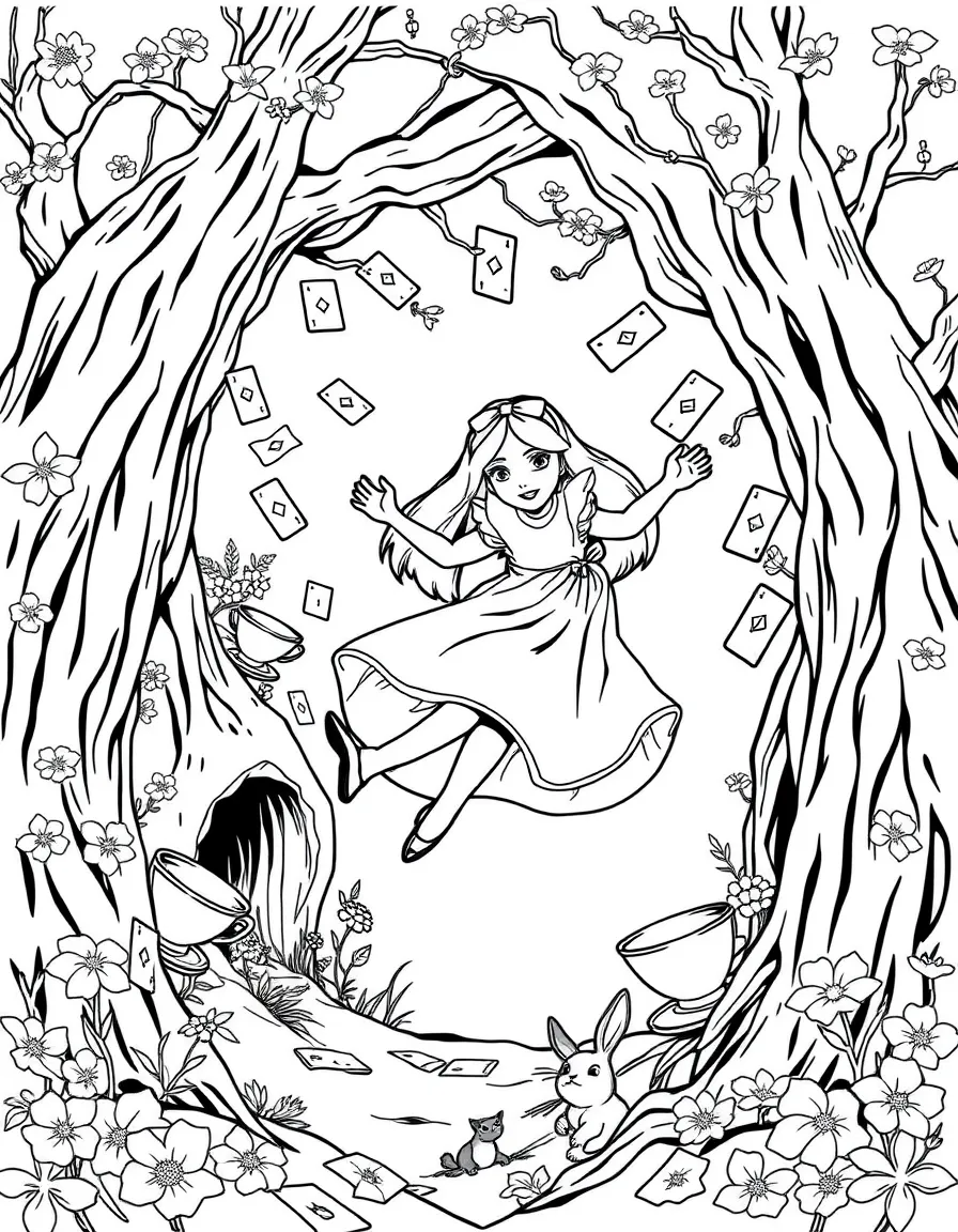 Alice from "Alice's Adventures in Wonderland" falling down the rabbit hole, surrounded by floating playing cards and teacups