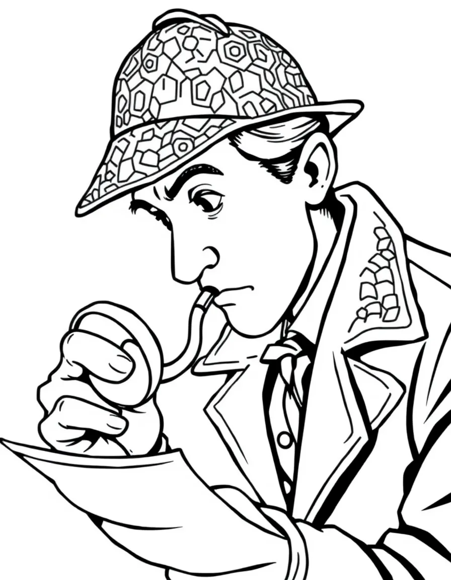Sherlock Holmes in his deerstalker hat examining clues with his magnifying glass, pipe in mouth