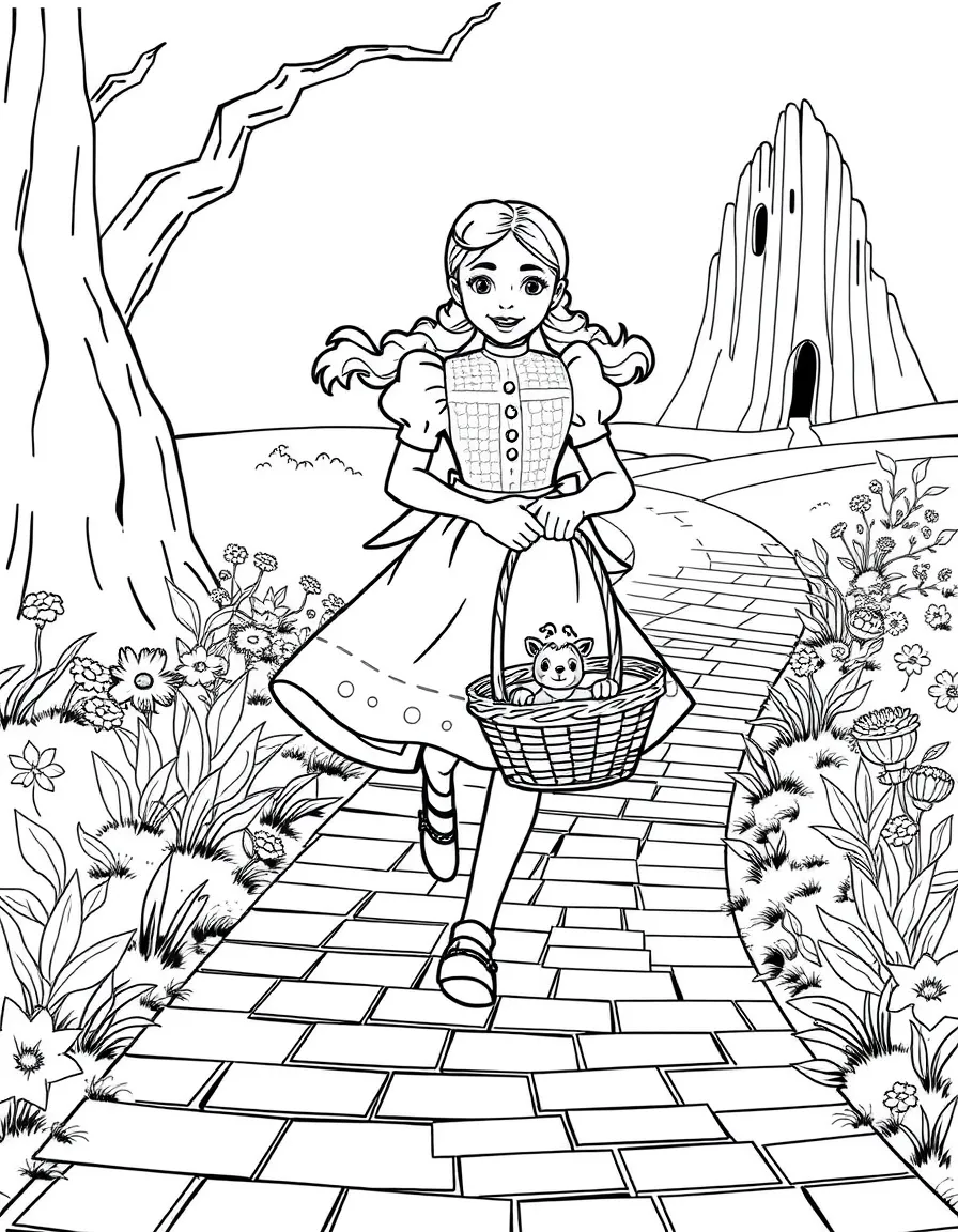 Dorothy from "The Wizard of Oz" skipping along the yellow brick road with Toto in her basket