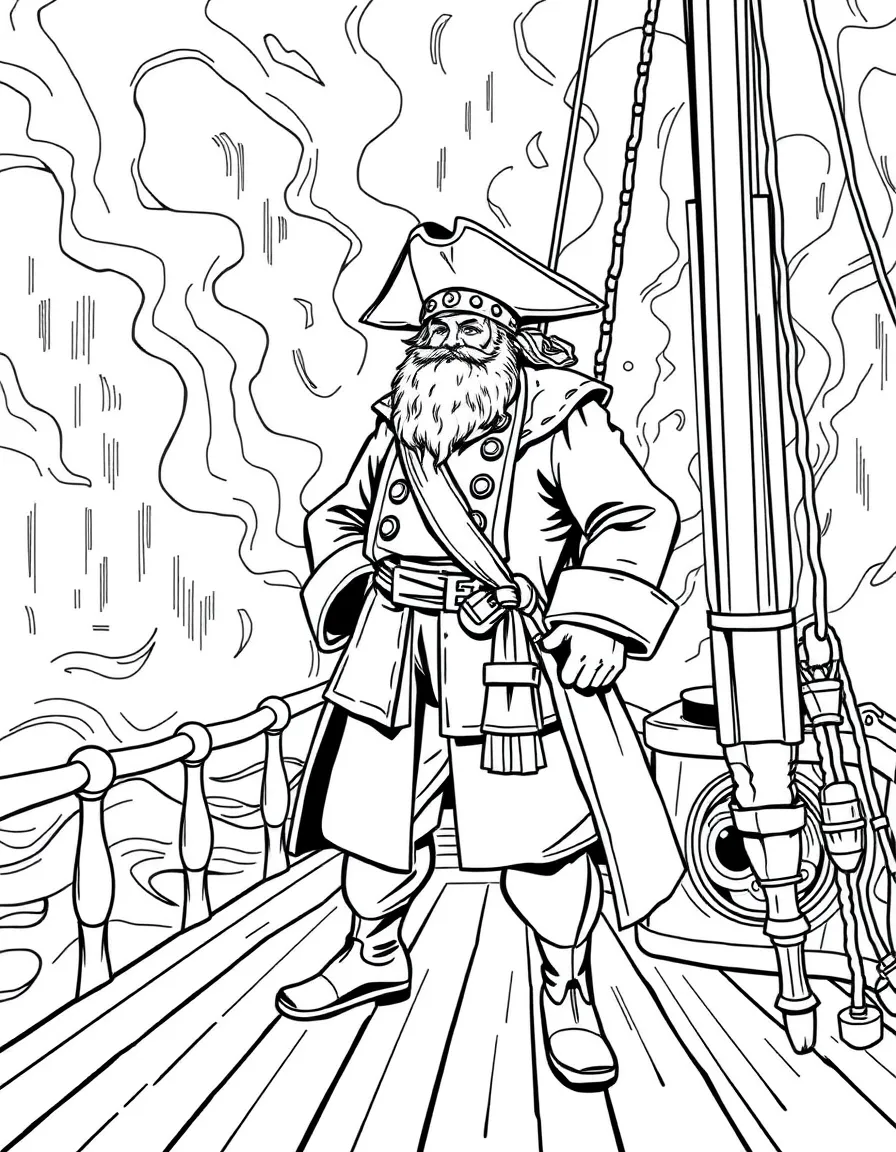 Captain Ahab from "Moby Dick" standing on the deck of the Pequod during a storm