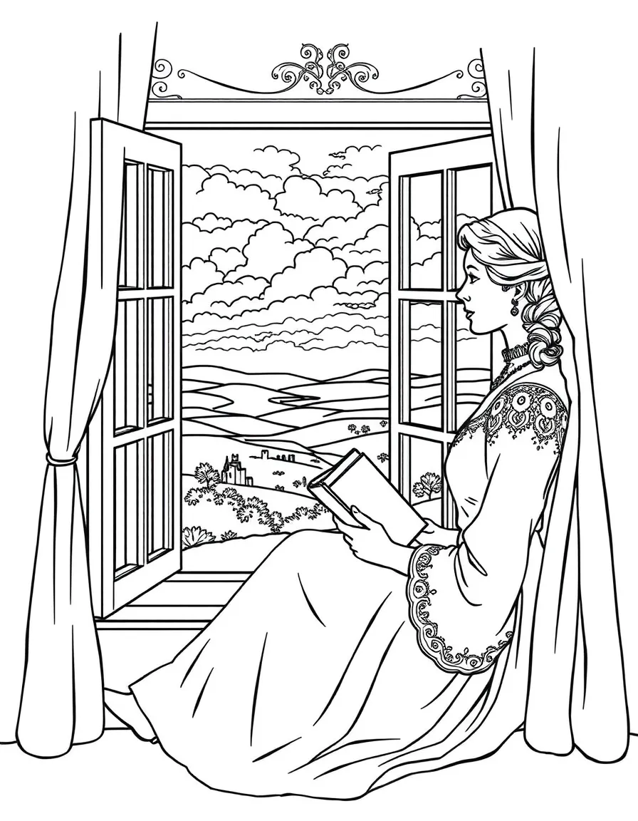 Jane Eyre sitting by a window with a book, overlooking the moors in the distance