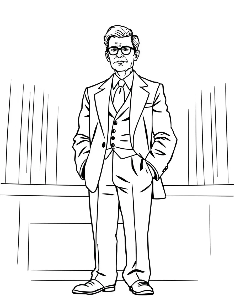 Atticus Finch from "To Kill a Mockingbird" standing tall in his courtroom suit