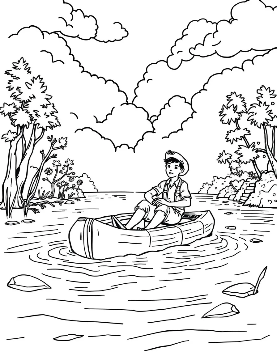 Huckleberry Finn and Jim floating down the Mississippi River on their raft