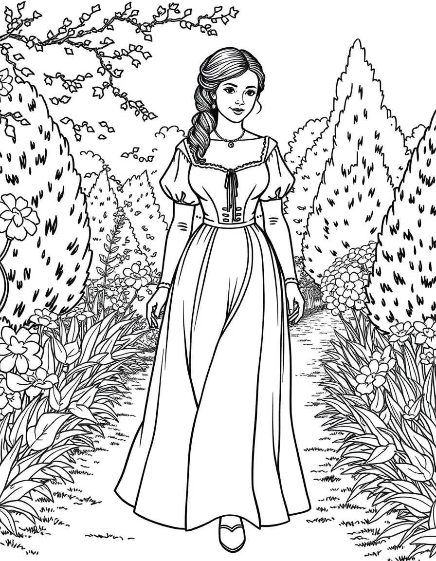 Elizabeth Bennet from "Pride and Prejudice" walking through an English garden in Regency dress