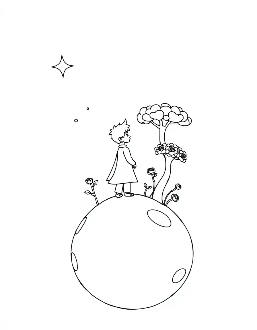 The Little Prince standing on his tiny planet with his rose and baobab trees