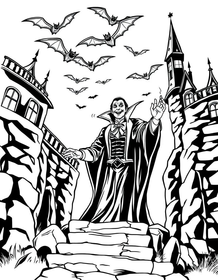 Count Dracula emerging from his castle with bats flying overhead
