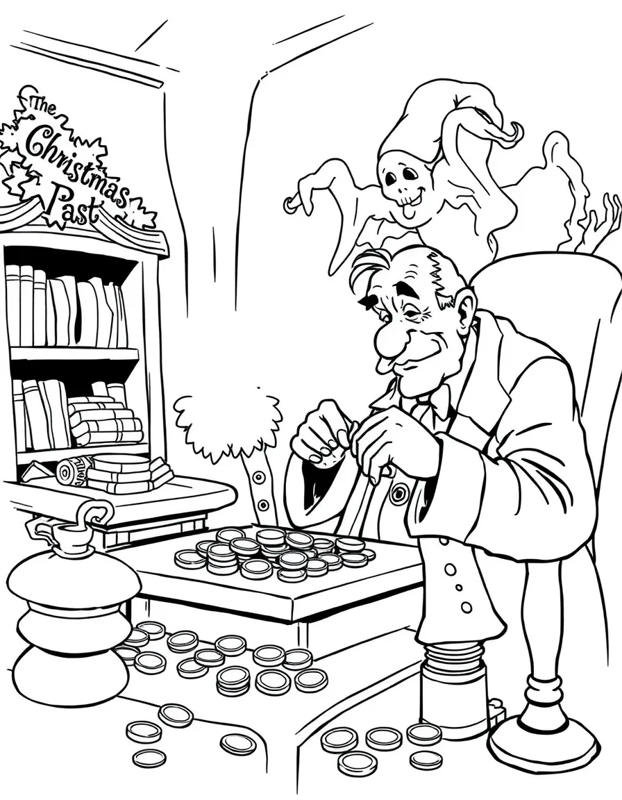 Ebenezer Scrooge counting coins at his desk while the Ghost of Christmas Past hovers nearby