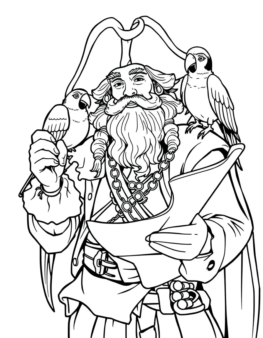 Long John Silver from "Treasure Island" with his parrot on his shoulder and a treasure map in hand