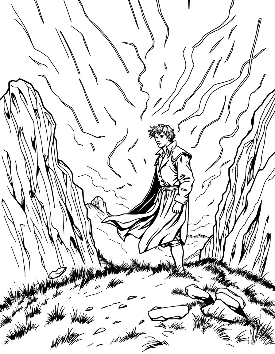 Heathcliff from "Wuthering Heights" standing on the moors during a windstorm