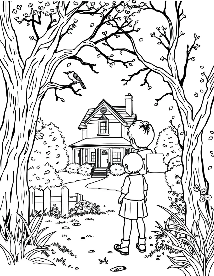 Scout and Jem Finch from "To Kill a Mockingbird" peering at the Radley house