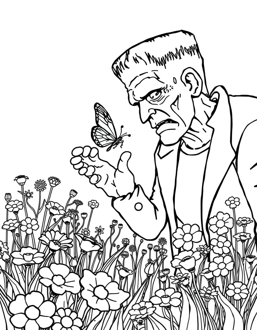 Frankenstein's monster reaching toward a butterfly in a field of flowers