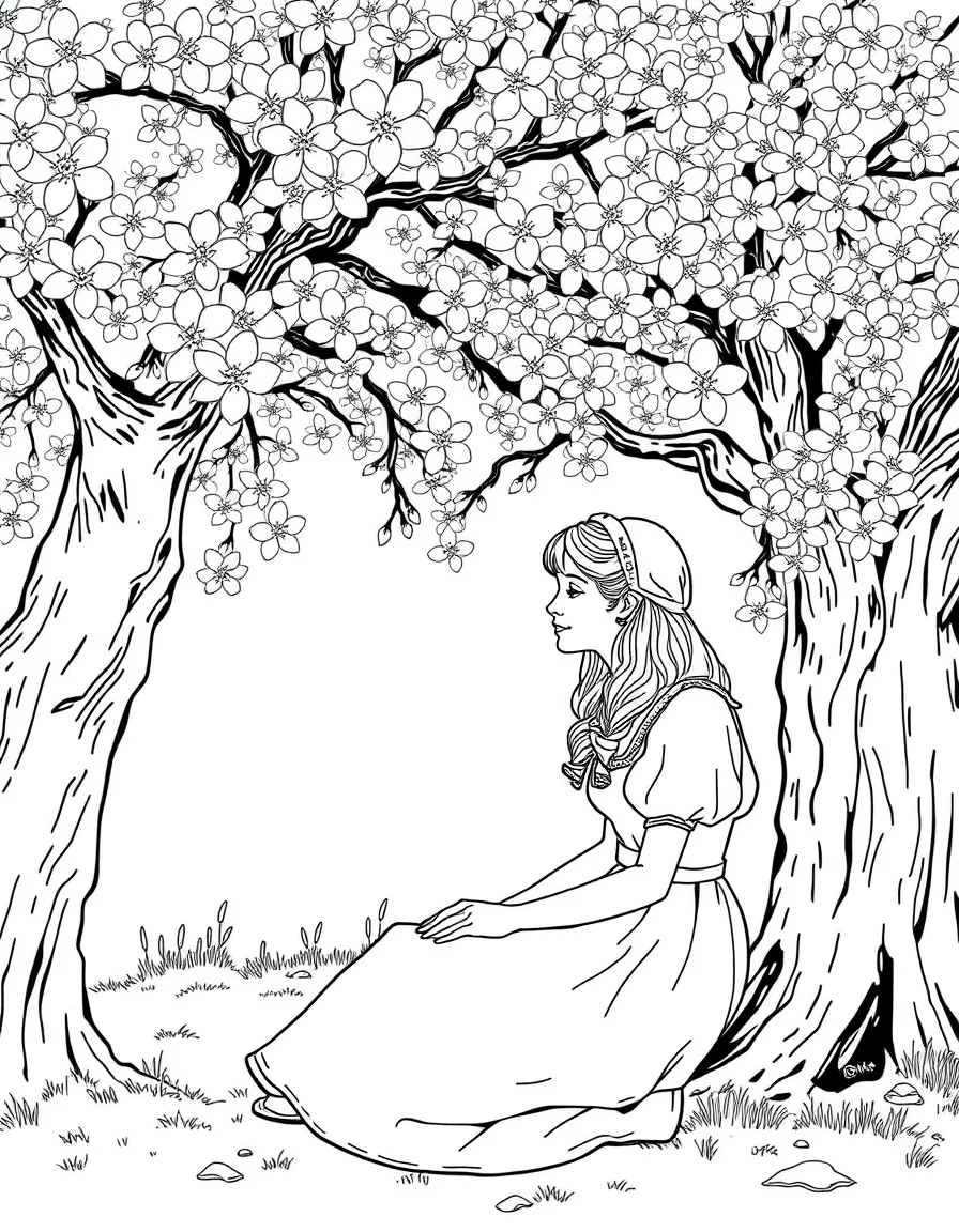 Anne Shirley from "Anne of Green Gables" sitting under a blooming cherry tree