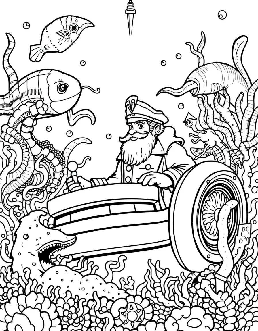 Captain Nemo at the helm of the Nautilus submarine among exotic sea creatures
