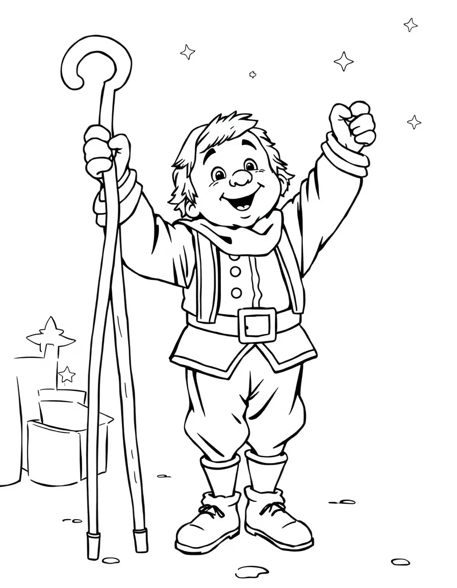 Tiny Tim from "A Christmas Carol" raising his crutch in celebration