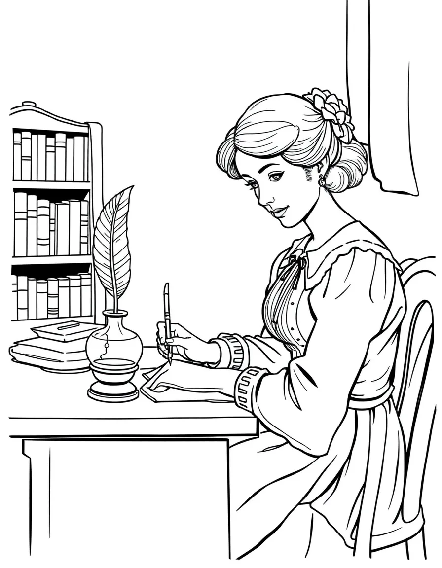 Jo March from "Little Women" writing at her desk with a quill pen and inkwell