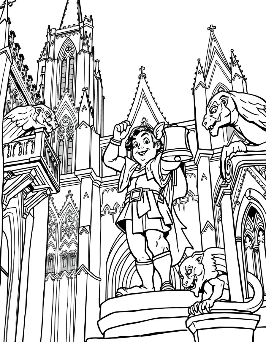 Quasimodo ringing the bells in Notre Dame Cathedral with gargoyles nearby