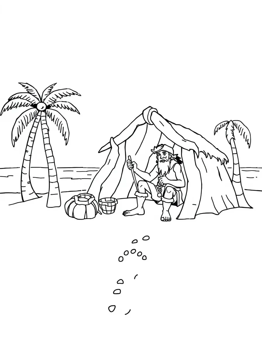 Robinson Crusoe building a shelter on his deserted island with his footprint in the sand