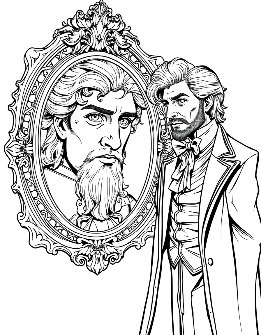 Dorian Gray standing next to his portrait which shows his true nature