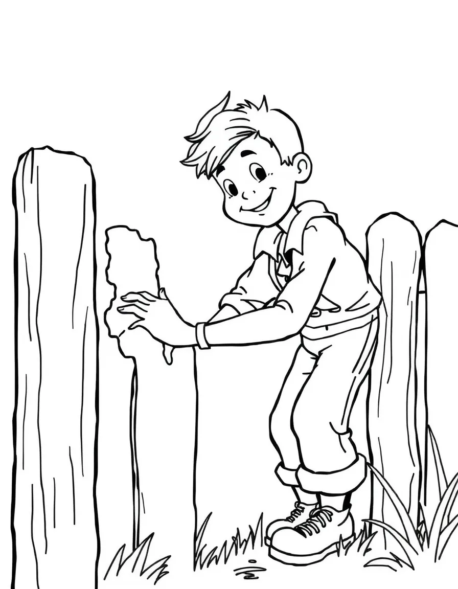 Tom Sawyer whitewashing a fence with a mischievous grin