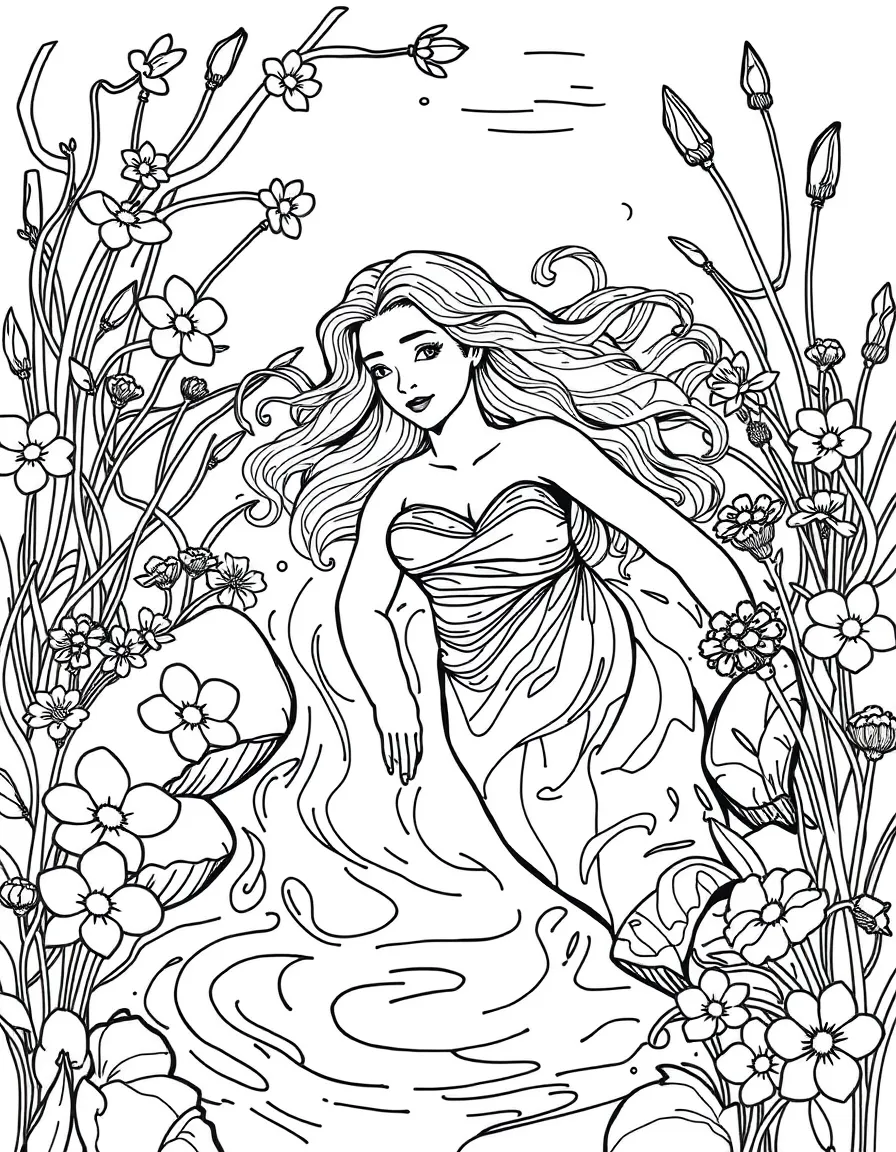 Ophelia from "Hamlet" floating in a stream surrounded by flowers